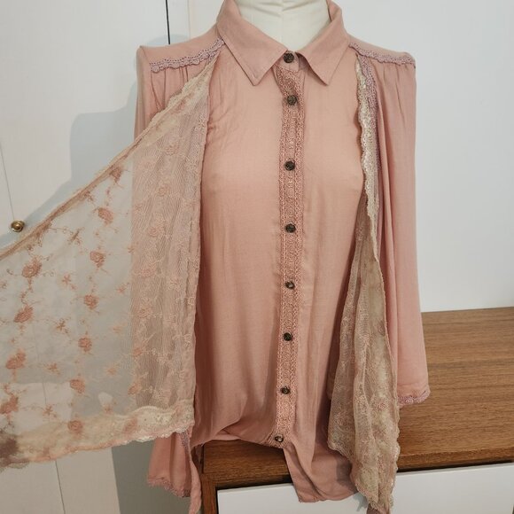 AXES FEMME Japanese Romantic boho style lace layered pink button up size med - Picture 9 of 12